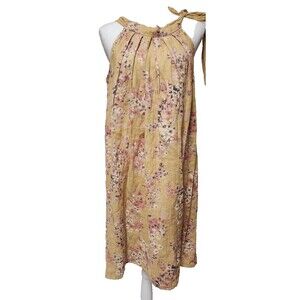 Bellambra Dress Womens M Yellow Orange Pink Floral Linen Halter Neck Tie Dress